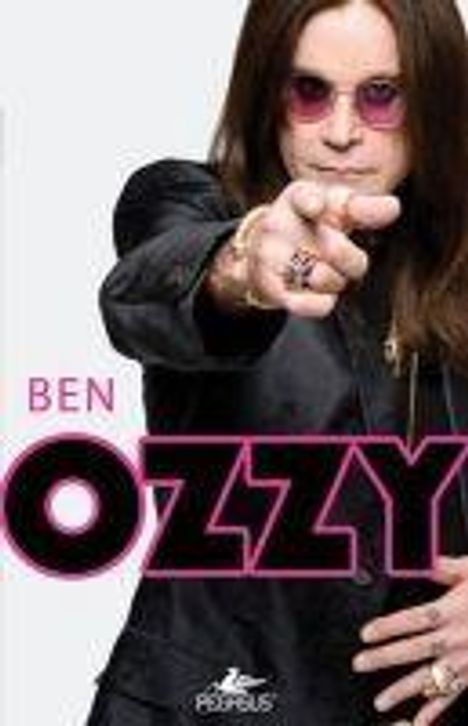 Text: "BEN OZZY". Darunter ein Logo von Pegasus. Person in schwarzer Kleidung und Sonnenbrille zeigt mit dem Finger nach vorne.