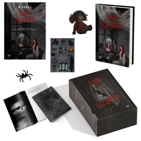 Buchcover mit rotem Text: "SENİN YÜZÜNDEN". Eine düstere Szene, darunter eine Puppe, Sticker, Spinne und eine Box.