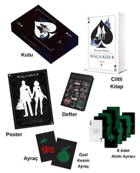 "Kutu, Ciltli Kitap, Poster, Defter, 8 Adet Alıntı Ayraç, Özel Kesim Ayraç. Enthält Buch- und Merchandise-Grafiken."