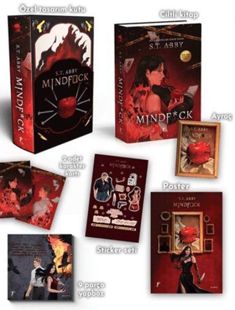 „Özel tasarım kutu“, „Ciltli kitap“, „Ayraç“, „2 adet karakter kartı“, „Sticker seti“, „Poster“, „9 parça yapboz“.