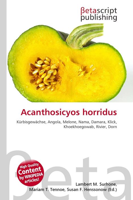 "Acanthosicyos horridus" in roter Schrift darunter Begriffe. Oben ein halbierter, gelber Kürbis mit vielen Samen. Logo oben rechts.