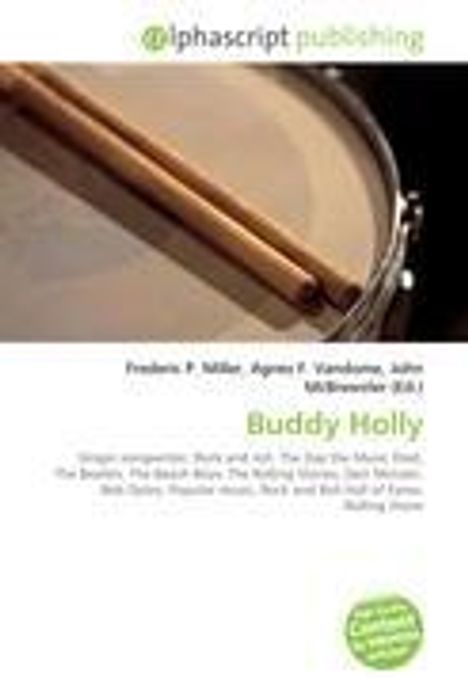 alphascript publishing, Buddy Holly, Musik-Kompositionen. Trommel mit zwei Sticks. Grünes rundes Logo unten rechts.