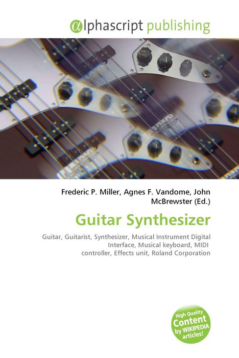 Alphascript publishing, Guitar Synthesizer, Bild einer E-Gitarre mit verschwommenem Effekt, grüner Wikipedia-Hinweis.
