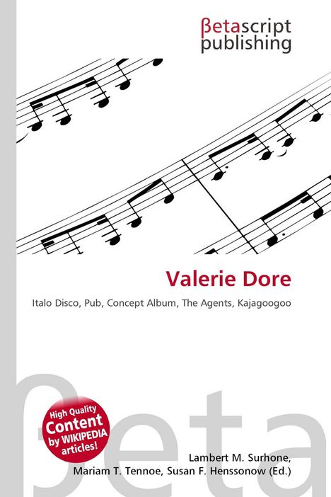 "Valerie Dore" in roter Schrift, Musiknoten im Hintergrund, Verlag: Betascript Publishing.