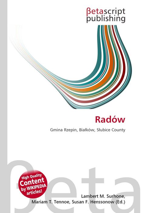 „Betascript Publishing“, „Radów“, „Gmina Rzepin, Białków, Słubice County“. Farbige Linien formen ein V.