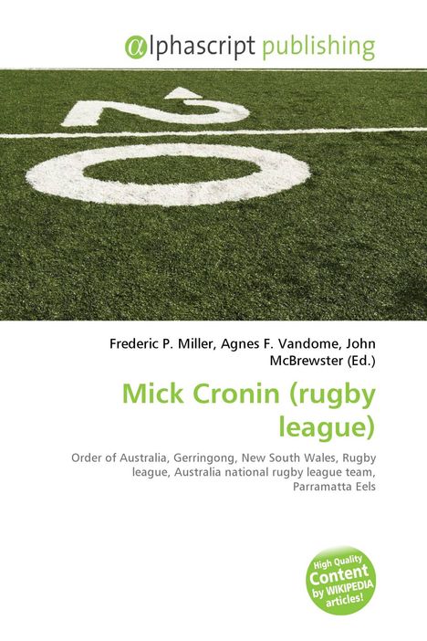 Alphascript Publishing Logo, "Mick Cronin (rugby league)" Text, grünes Spielfeld mit weißen Linien und der Nummer 20.