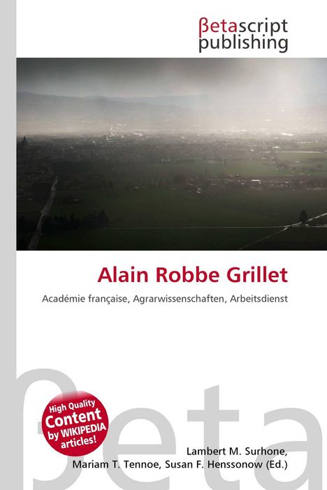„Alain Robbe Grillet: Académie française, Agrarwissenschaften, Arbeitsdienst“ steht groß, mit nebliger Landschaft oben.