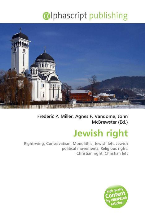Text: "Frederic P. Miller, Agnes F. Vandome, John McBrewster (Ed.), Jewish right." Schneelandschaft mit Kirche im Hintergrund.