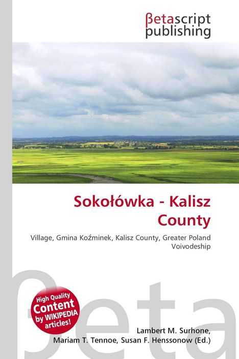 "Sokołówka - Kalisz County" steht in roter Schrift. Darunter grüne Landschaft und bewölkter Himmel. Logo von Betascript Publishing oben.