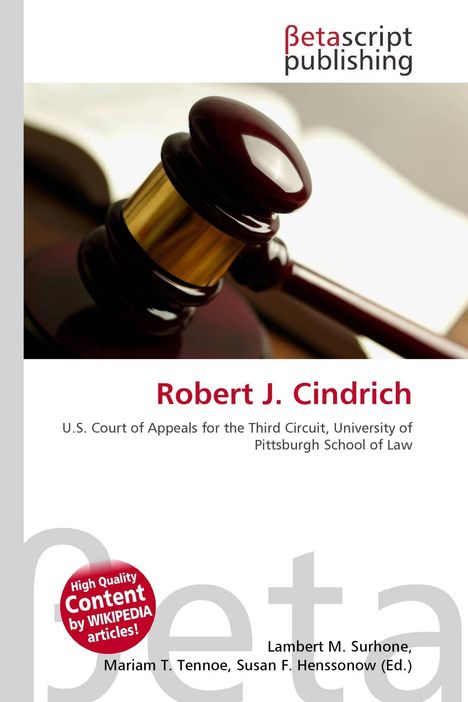 „Betascript Publishing“, „Robert J. Cindrich“, „U.S. Court of Appeals...“, Bild von Richterhammer auf einem Tisch.