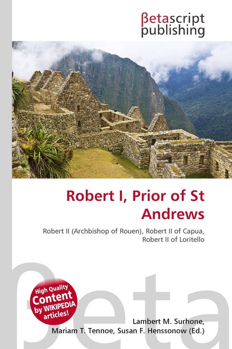 "Robert I, Prior of St Andrews" steht in großer roter Schrift über einem Foto antiker Steinruinen in bergigem Nebel.