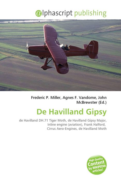 "Alphascript publishing", "De Havilland Gipsy". Rotes Flugzeug über grüner Landschaft.