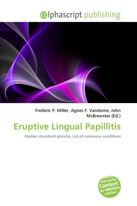 "Eruptive Lingual Papillitis" in Grün, mit violettem, abstraktem Design auf schwarzem Hintergrund; Logo oben.