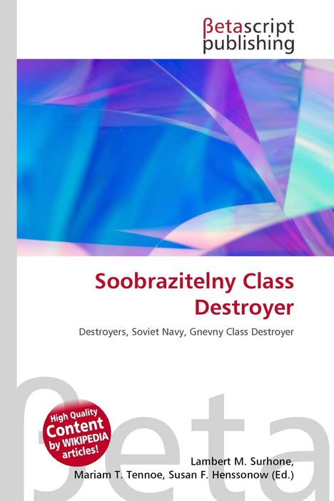 "Soobrazitelny Class Destroyer. Destroyers, Soviet Navy, Gnevny Class Destroyer" auf abstraktem blau-violettem Hintergrund.