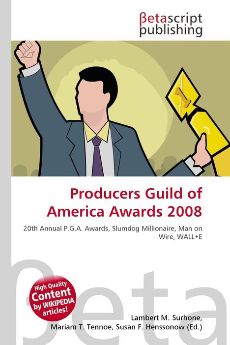 „Producers Guild of America Awards 2008“, Illustration eines Mannes im Anzug, hält eine Trophäe hoch.