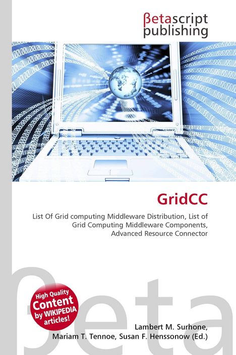 Logo von Betascript Publishing, Text „GridCC“ darunter. Ein Laptop zeigt eine blaue Weltkugel, umgeben von digitalem Code.
