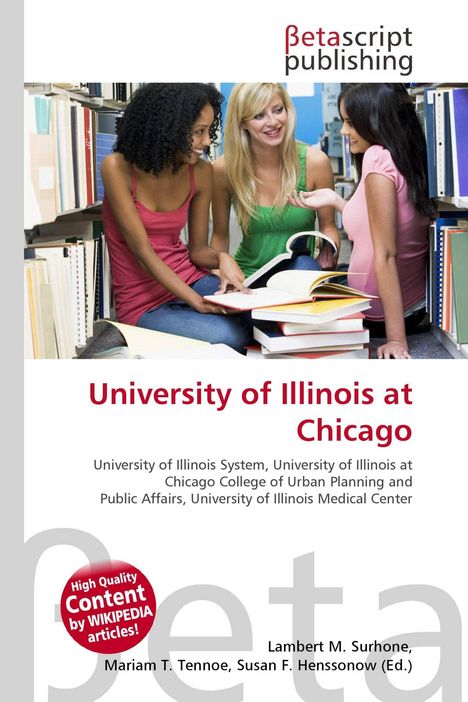 "University of Illinois at Chicago" in roter Schrift, drei lachende Personen sitzen in einer Bibliothek mit Büchern.