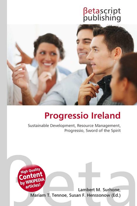 "Progressio Ireland" in Rot; Text über nachhaltige Entwicklung. Gruppenfoto mit lächelnden Menschen beim Gespräch.