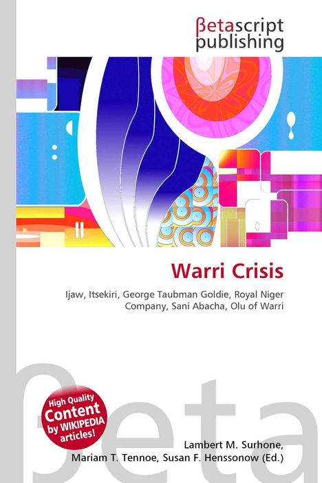 "Betascript Publishing", "Warri Crisis", "Ijaw, Itsekiri...", weißer Hintergrund, farbenfrohes abstraktes Design, roter Kreis.