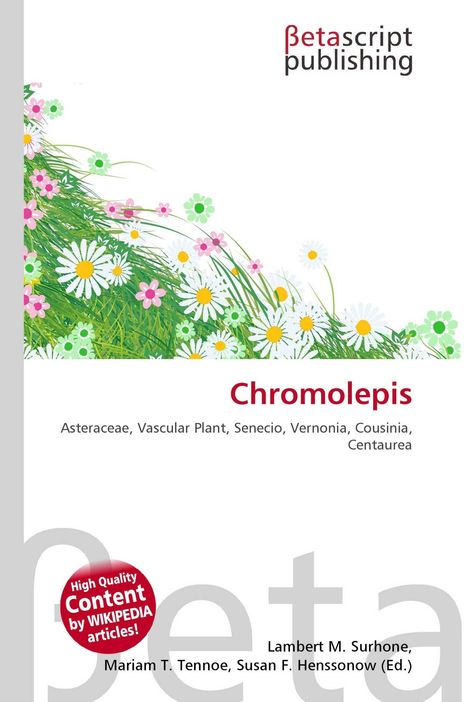 „Betascript Publishing“, „Chromolepis“, farbenfrohe Illustration von Blumen wie Gänseblümchen und Margeriten.