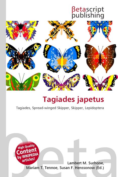 "Tagiades japetus" und bunte Illustrationen von Schmetterlingen, darunter ein Logo von Betascript Publishing.