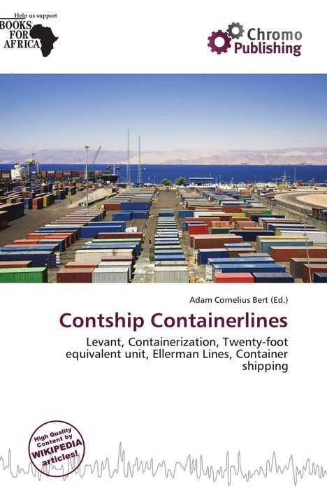 Der Text "Contship Containerlines" steht groß auf weißem Hintergrund, darüber Container im Hafen, mit blauem Meer im Hintergrund.