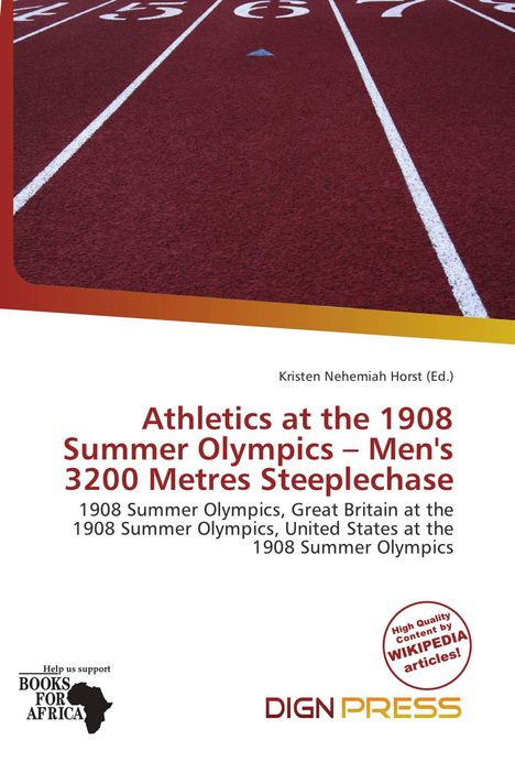 Auf rotem Laufbahn-Hintergrund steht: "Athletics at the 1908 Summer Olympics – Men's 3200 Metres Steeplechase".