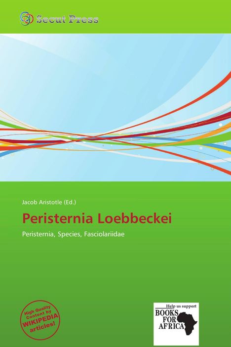 Buchtitel "Peristernia Loebbeckei" von Jacob Aristotle. Grün-blauer Hintergrund, bunte Linien, Wikipedia und Books for Africa Logos.