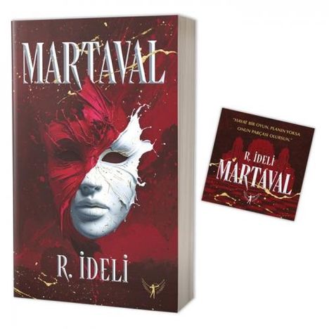 "Martaval" und "R. İdeli" sind prominent zu lesen. Ein Gesicht mit roter und weißer Maske ist zentral dargestellt.
