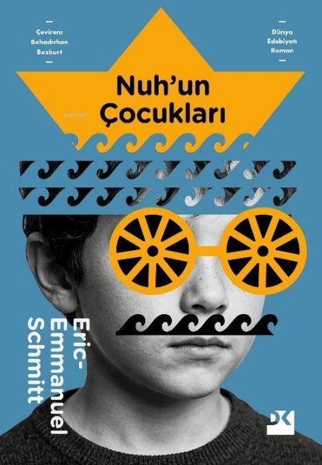 „Nuh’un Çocukları“ steht oben, darunter Einzelelemente wie Wellen und große, gelbe Brillenräder vor einem jungen Gesicht.