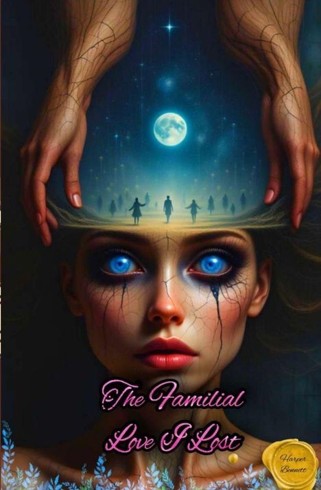 Text „The Familial Love I Lost“, große blaue Augen, Hände formen Landschaft mit Mond. Mystische, traumhafte Stimmung.