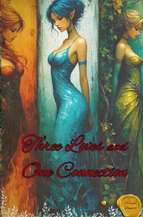 "Three Loves and One Connection." Drei elfenhafte Frauen in farbigen Kleidern, ein Gemälde.