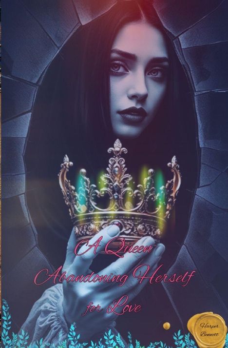 "A Queen Abandoning Herself for Love" in geschwungenem Text. Illustration: Frau hält Krone, dunkel, geheimnisvoll.