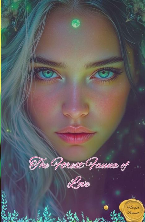 "The Forest Fauna of Love" in rosa Schrift. Eine Illustration eines Gesichts mit leuchtenden Augen und Mondmotiv auf der Stirn.