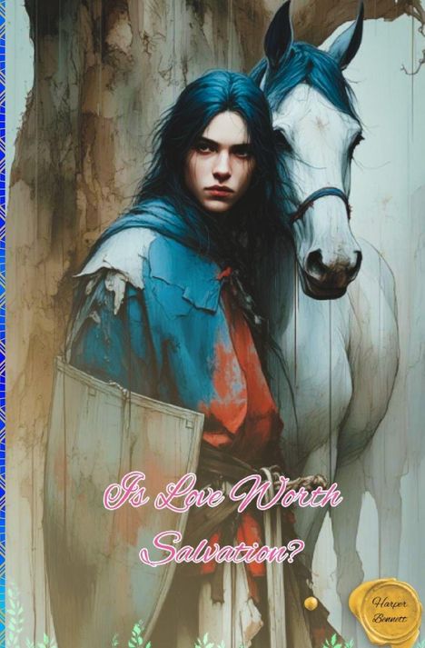 Text: "Is Love Worth Salvation?" Junge mit blauen Haaren, roter Kleidung und Umhang, neben einem weißen Pferd. Vintage-Stil.