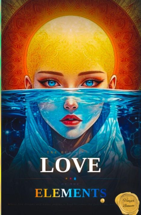 "LOVE OF THE ELEMENTS" steht im Zentrum. Eine Frau taucht aus Wasser auf, ihr Kopf mit gelbem Muster vor einem orangen Hintergrund.