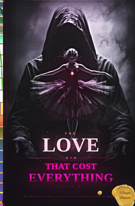 "The Love That Cost Everything". Eine Tänzerin im Tutu steht vor einer Kapuzengestalt, ihr Herz leuchtet rosa.