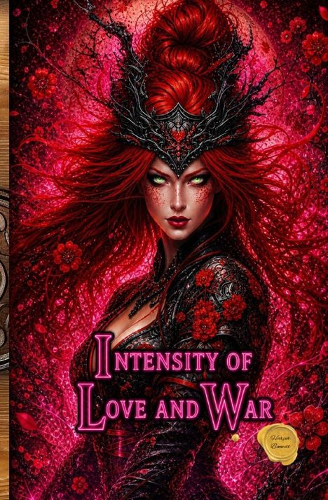 "Intensity of Love and War" in pink Schrift. Illustration einer Frau mit roten Haaren und schwarzer Krone, umgeben von Blumen.