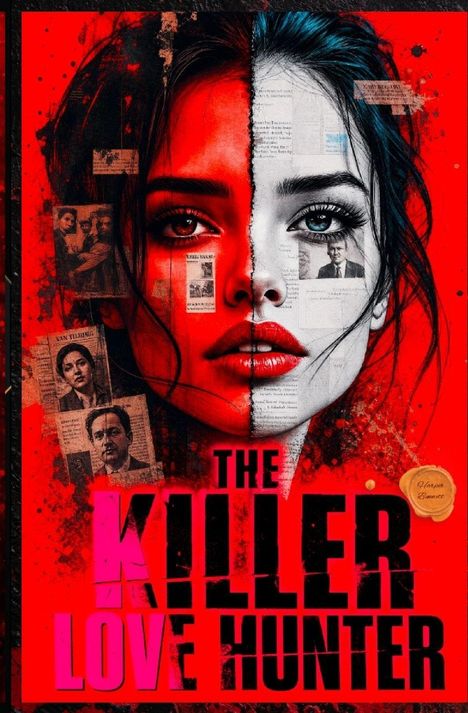 „THE KILLER LOVE HUNTER“ in großen Buchstaben. Collage aus Zeitungsartikeln und das Gesicht einer Frau auf rotem Hintergrund.