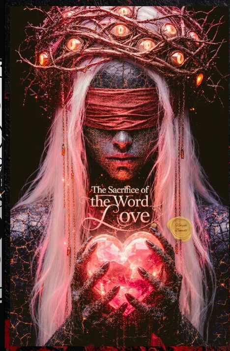 Text: "The Sacrifice of the Word Love." Eine Person mit Krone aus leuchtenden Augen und Herz in Händen, verschleiert.
