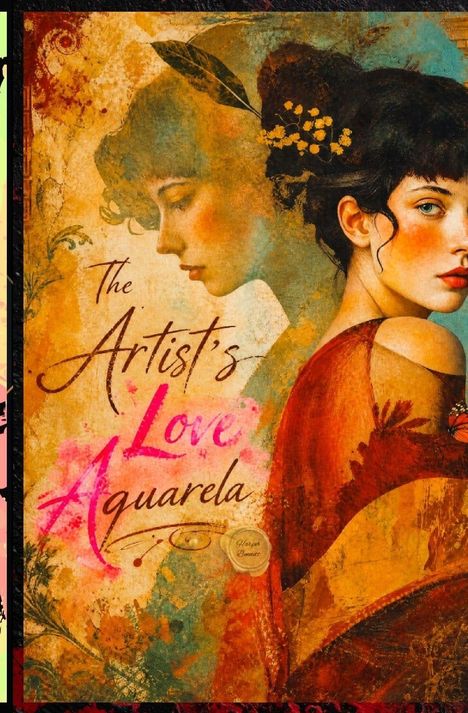 "The Artist's Love Aquarela" in zarten Schriftarten. Illustration einer Frau mit Blumen im Haar, Retro-Stil.