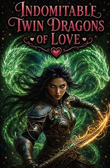„Indomitable Twin Dragons of Love“. Eine Kriegerin mit Rüstung, flankiert von leuchtend grünen Drachen, hält ein magisches Schwert.