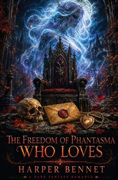 "The Freedom of Phantasma Who Loves. Harper Bennet. A Dark Fantasy Romance." Dominant: Geisterhafte Frau, Thron, Schädel.
