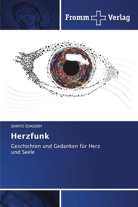 "Fromm Verlag", "Herzfunk: Geschichten und Gedanken für Herz und Seele". Illustration eines Auges mit bunten Details.