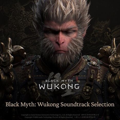 "Black Myth: Wukong Soundtrack Selection" steht über einem Affenkrieger in Rüstung vor einem verzierten Hintergrund.