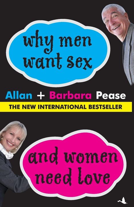 "why men want sex" und "and women need love" in Sprechblasen. Autorennamen: Allan + Barbara Pease. Zwei lächelnde Personen.