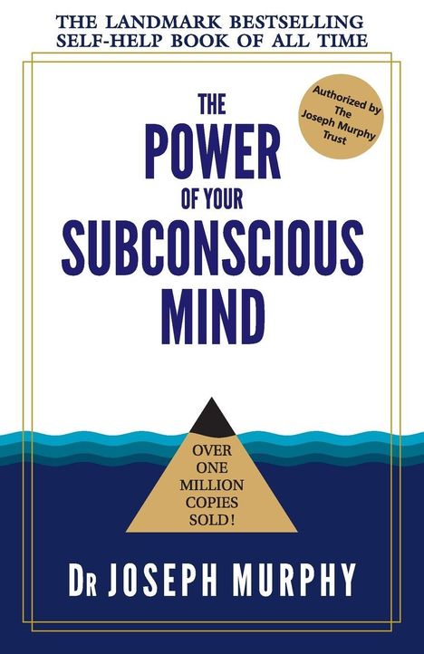 Buchtitel: "The Power of Your Subconscious Mind". Ein braunes Dreieck über blauen Wellen mit Text: "Über eine Million verkauft".