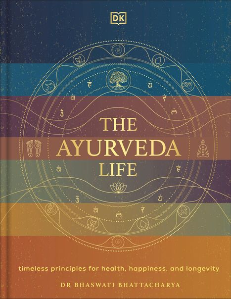 "The Ayurveda Life" von Dr. Bhaswati Bhattacharya. Vielfarbige Streifen mit Symbolen und einem Baum in der Mitte.