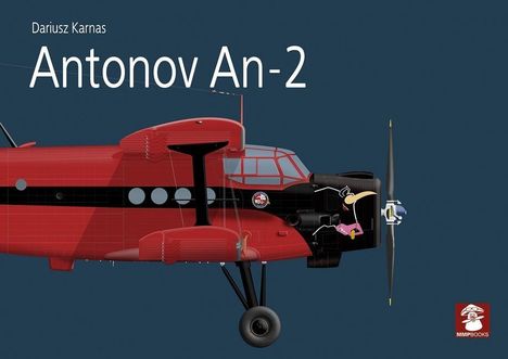 Text: "Dariusz Karnas", "Antonov An-2". Illustration eines roten Flugzeugs auf blauem Hintergrund. Logo unten rechts.