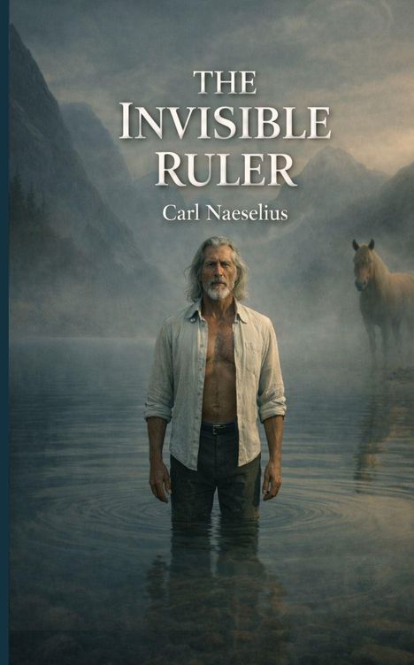 Text: „THE INVISIBLE RULER, Carl Naeselius“. Ein Mann steht bis zur Taille im Wasser, ein Pferd im Hintergrund. Nebelige Berge.